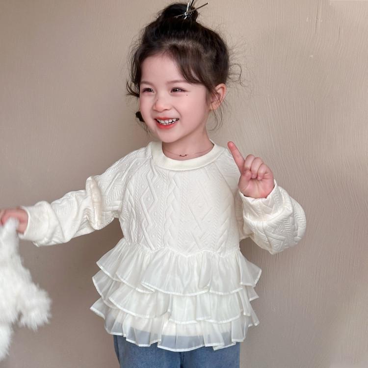 

2025 New Style Lace Patchwork Long-Sleeved Princess Sweatshirt for Little Girls, Korean Fashion. 140 cm вершковий/білий