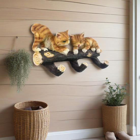 Tree Branch Cat Wall Sculpture Multi-purpose Wall Mount Simulation Cat Hanger Hook Home Living Room Bedroom Kitten Wall Art Decoration