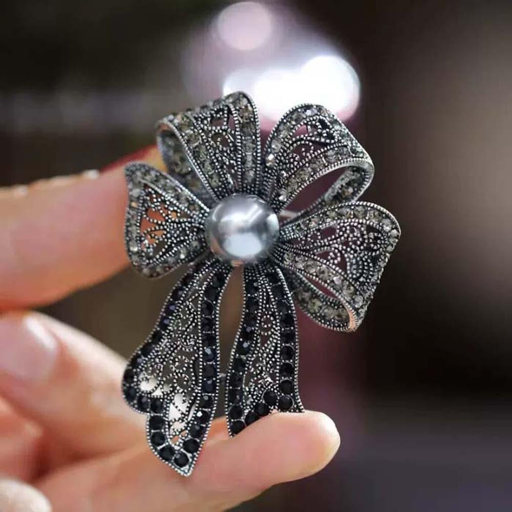 Corsage Ornament Fully-rhinestone Pin French Style Black Brooch Bow Brooch Western-style Clothes