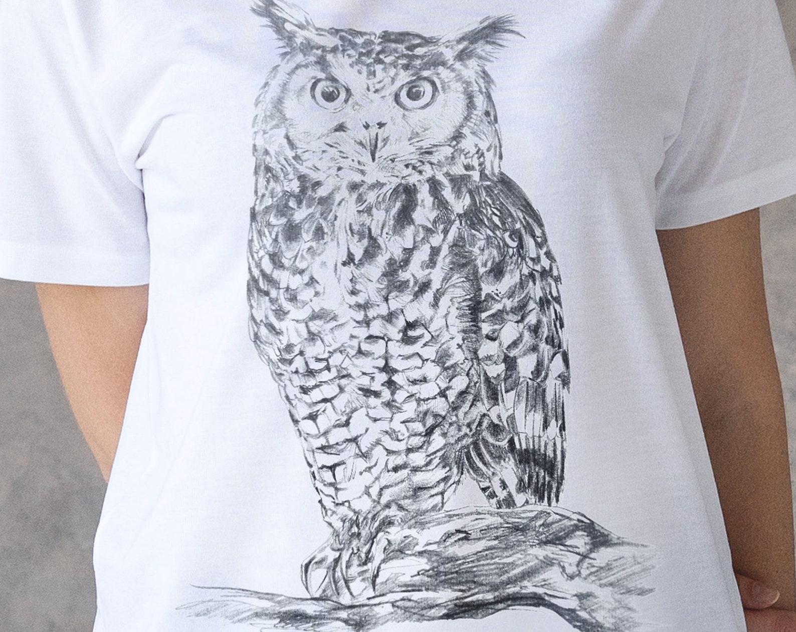 Pencil Sketch Owl T-Shirt: Wild Bird Graphic Tee 2XL