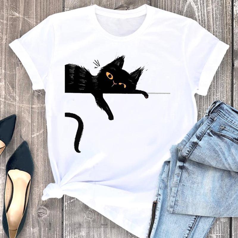 Casual Cats Blackjack Graphics Womans T-Shirt 90S Summer Shirts Short Sleeve O-Neck Blouses Female Crop Tops Clothing