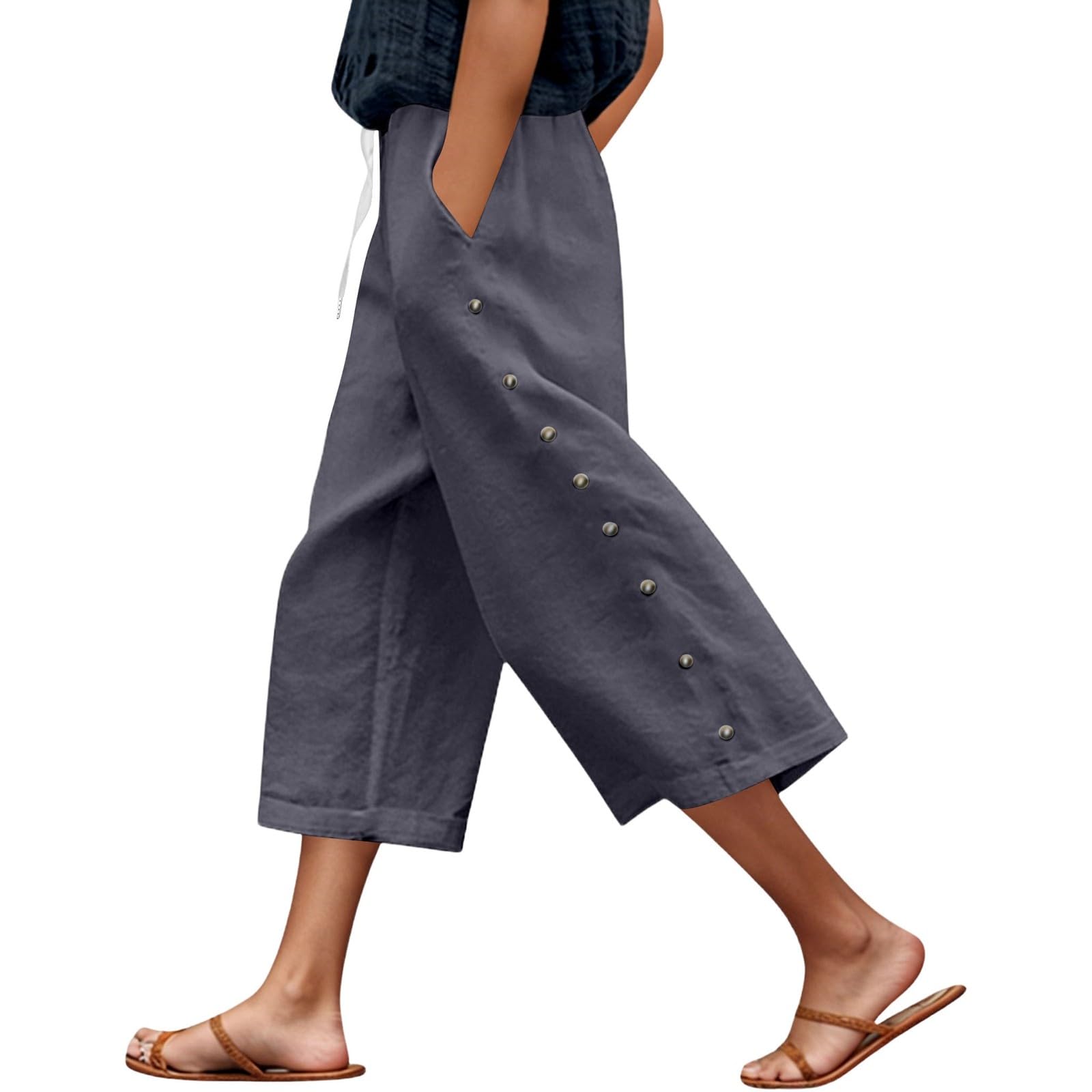 

Women Elastic High Waist Pant Casual Fit Wide Leg Long Pants Trousers With Pockets L чёрный