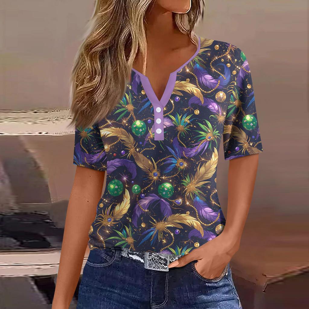 Damen-T-Shirt, T-Shirt, bedruckt, Knopfleiste, kurzärmelig, für den Alltag, Wochenende, modisch, Basic, V-Ausschnitt, normales Oberteil