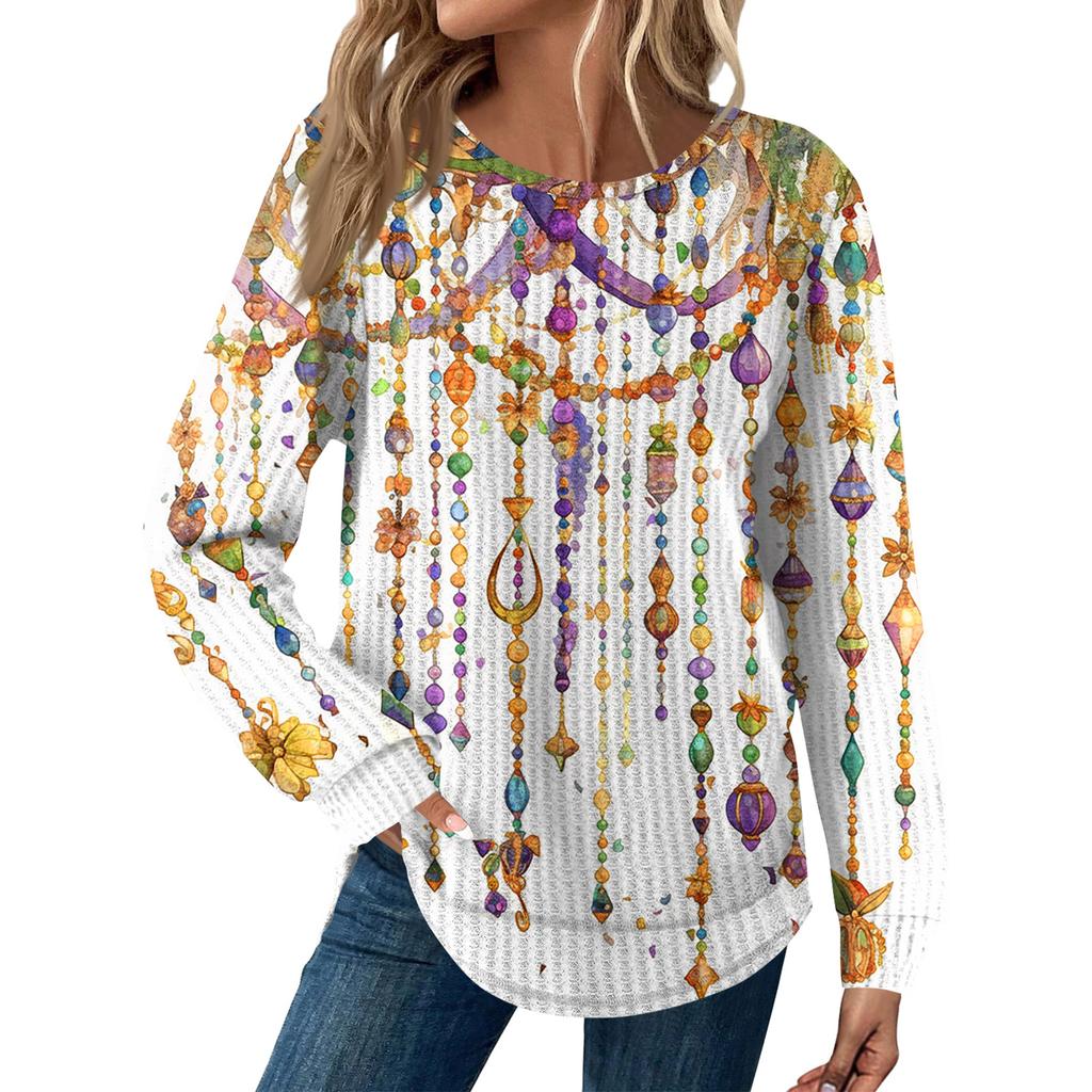 Women's Fashion Loose Long Sleeve Carnival Print Round Neck Casual Top