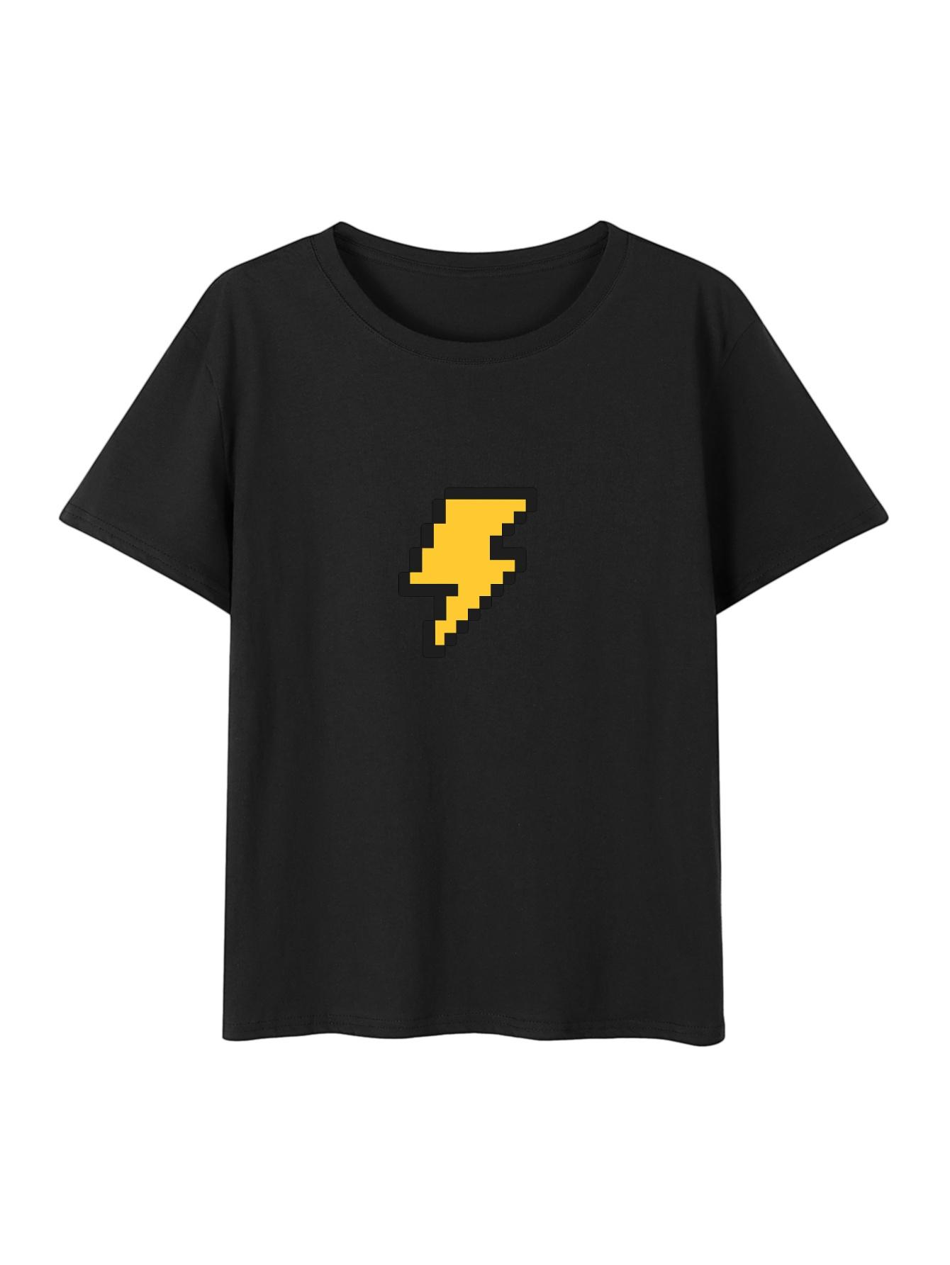 WomenS Casual Short Sleeve TShirt Black Fit Summer Top with Bold Yellow Lightning Bolt Geometric Print Aesthetic Clothes S