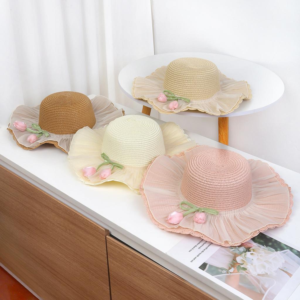 Adult Women's Straw Hat with Large Brim Foldable Floral Fresh and Sweet Floral Edge, Princess-style Versatile Sun Hat for Adult Women
