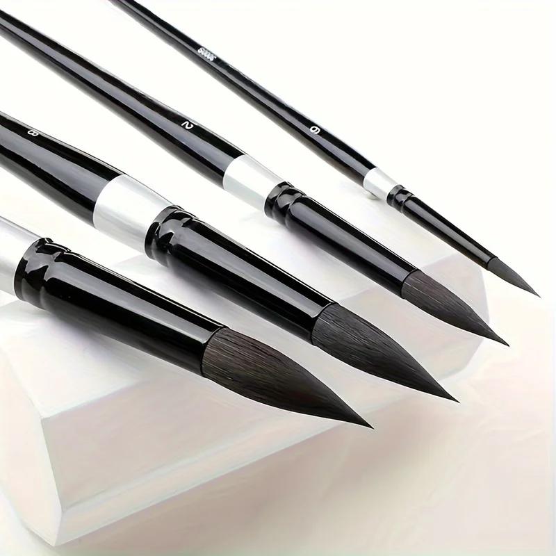 7Pcs Squirrel Hair Brush Set - Round/Pointed Tips for Gouache/H2O | Beginner Artist Kit w/Wood Handle (No Shed)