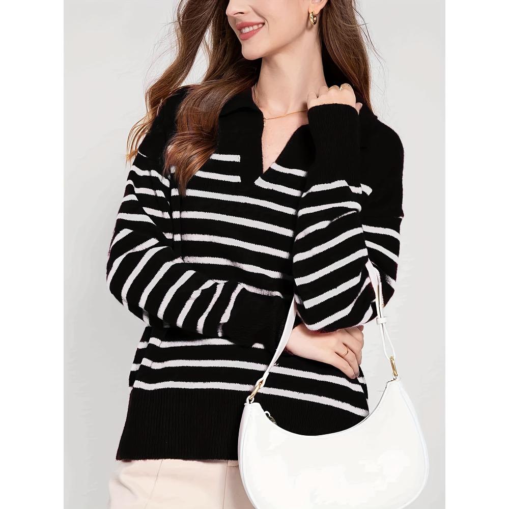 V-neck, Lapel, Striped Women's Long-sleeved Autumn Base Layer Top, Sweater, Contrasting Color Loose Navy Style Coat