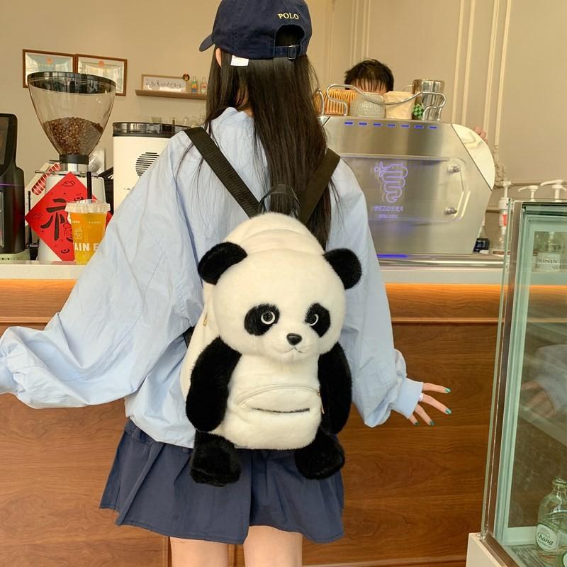 Panda Plush Backpack Cartoon Soft Doll Bag With Zipper For Daily Use