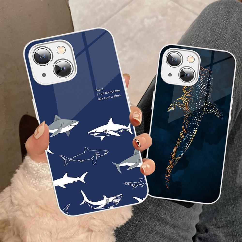 Fashion Trend Animal Sharks Phone Case Tempered Glass For Iphone 14 13 12 11 Pro Mini XS MAX 14Plus X XS XR Fundas
