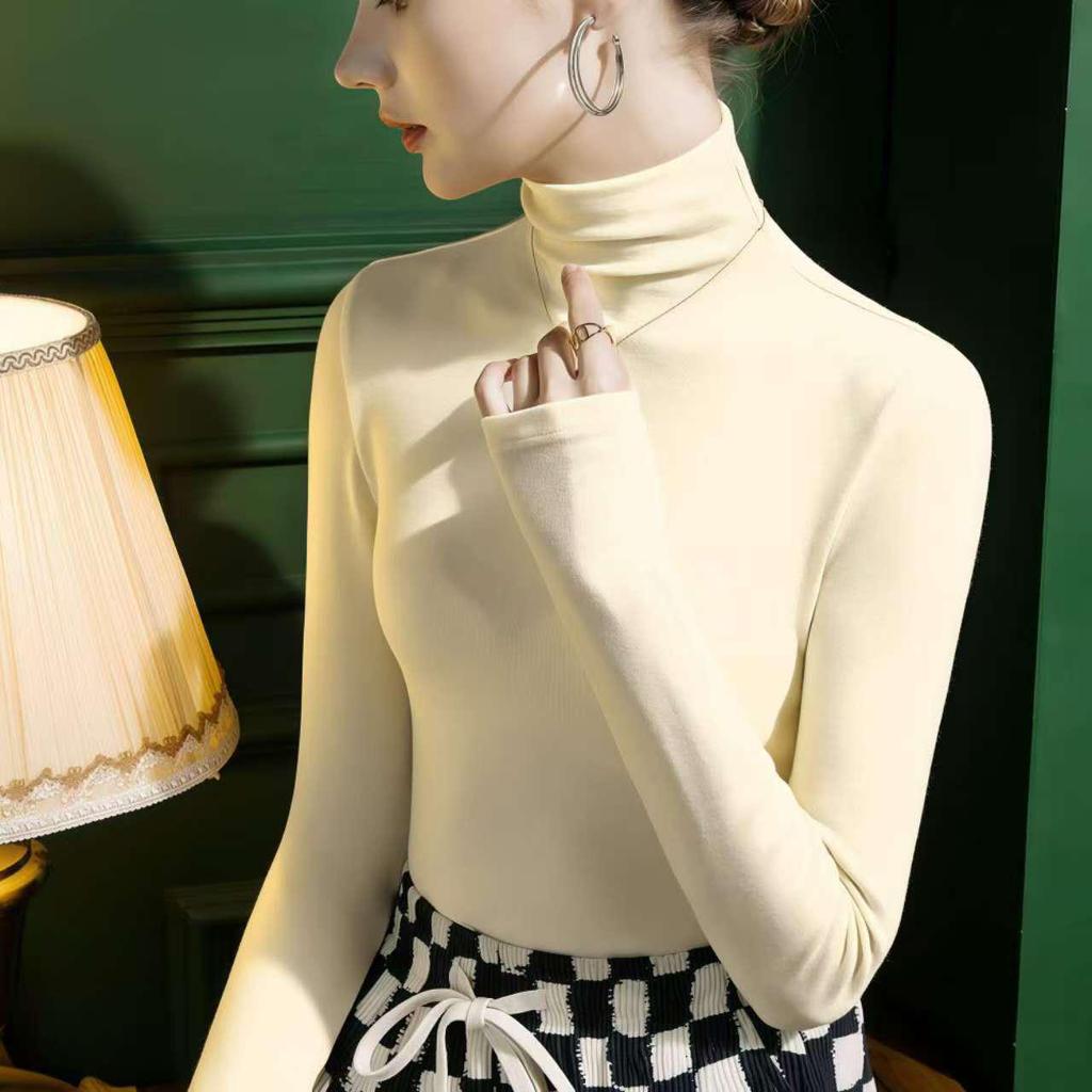 Brushed Women's Semi-High Neck Slimming Long Sleeve Top - Fashionable and Versatile.