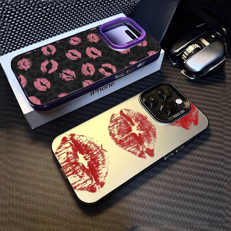 Red Lip Pattern Electroplate Silver IMD Phone Case For iPhone 16 Pro Max 11 12 13 14 15 7 8 Plus X XS XR Shockproof Back Cover