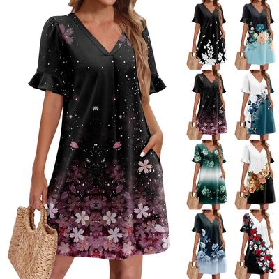 Vestidos de verão para mulheres, decote em V, babados, manga curta, casual, solto, estampado, vestido de praia com bolsos
