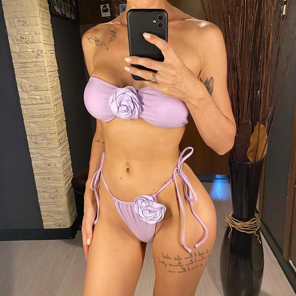 14 Colori Fiori 3D Bandeau Bikini a Taglio Alto Costume da Bagno Femminile Costume da Bagno Donna Set Bikini Due Pezzi Costumino da Bagno Swim