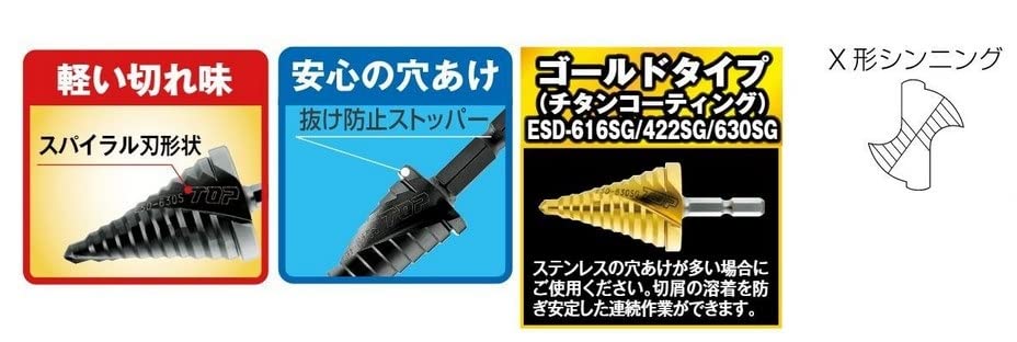 Top Hexagonal Shank Spiral Step Drill for Electric Drills Tsubame Sanjo Made In Japan (TOP) 4~22mm ESD-422S