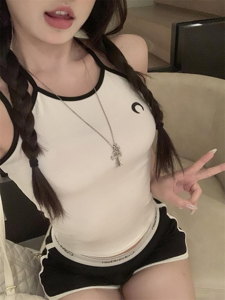Moon embroidery sling vest women's summer new sexy slim short wear neck student top tide