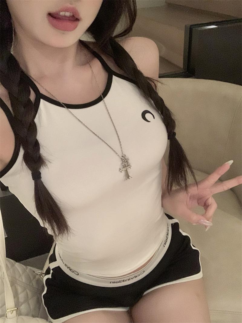 

Moon embroidery sling vest women s summer new sexy slim short wear neck student top tide One size fits all белый