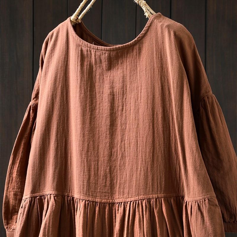 Johnature Women Vintage Dresses O-Neck Half Sleeve Soft Solid Color Summer Casual A-Line Female Dress