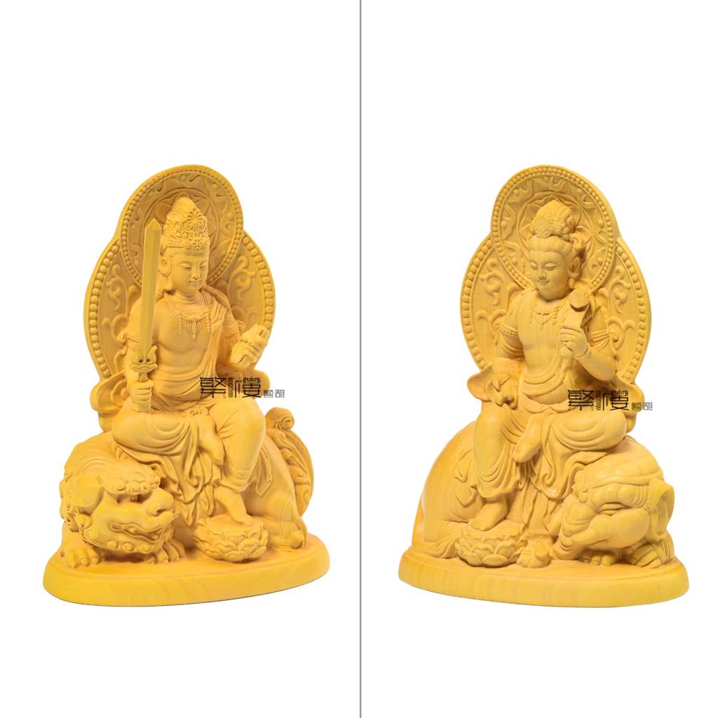 Hanro Art Sculpture Buddha Statue Fugen Bodhisattva Manjushri Bodhisattva Wood Carving Ornament Set of 2 Good Luck Zodiac Amulet Principal Image Feng