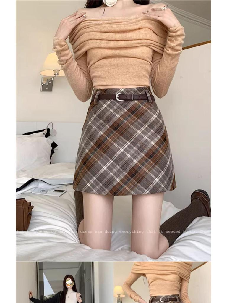 Plus Size Korean Retro Woolen A-Line Plaid Skirt for Women – Autumn New Arrival Hip-Hugging Slimming Skirt for Chubby Girls