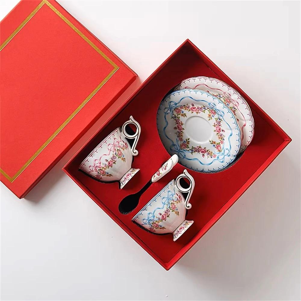 European-style Bone China Coffee Cup Afternoon Tea Cup and Saucer Kitchen Supplies Girl's Printed Cup and Saucer Set Gift