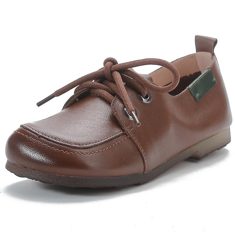 Vintage Plain Oxfords Shoes Women's Genuine Leather Flats Ladies Laced Up Moccasins Elderly Woman Square Toe Driving Loaferss
