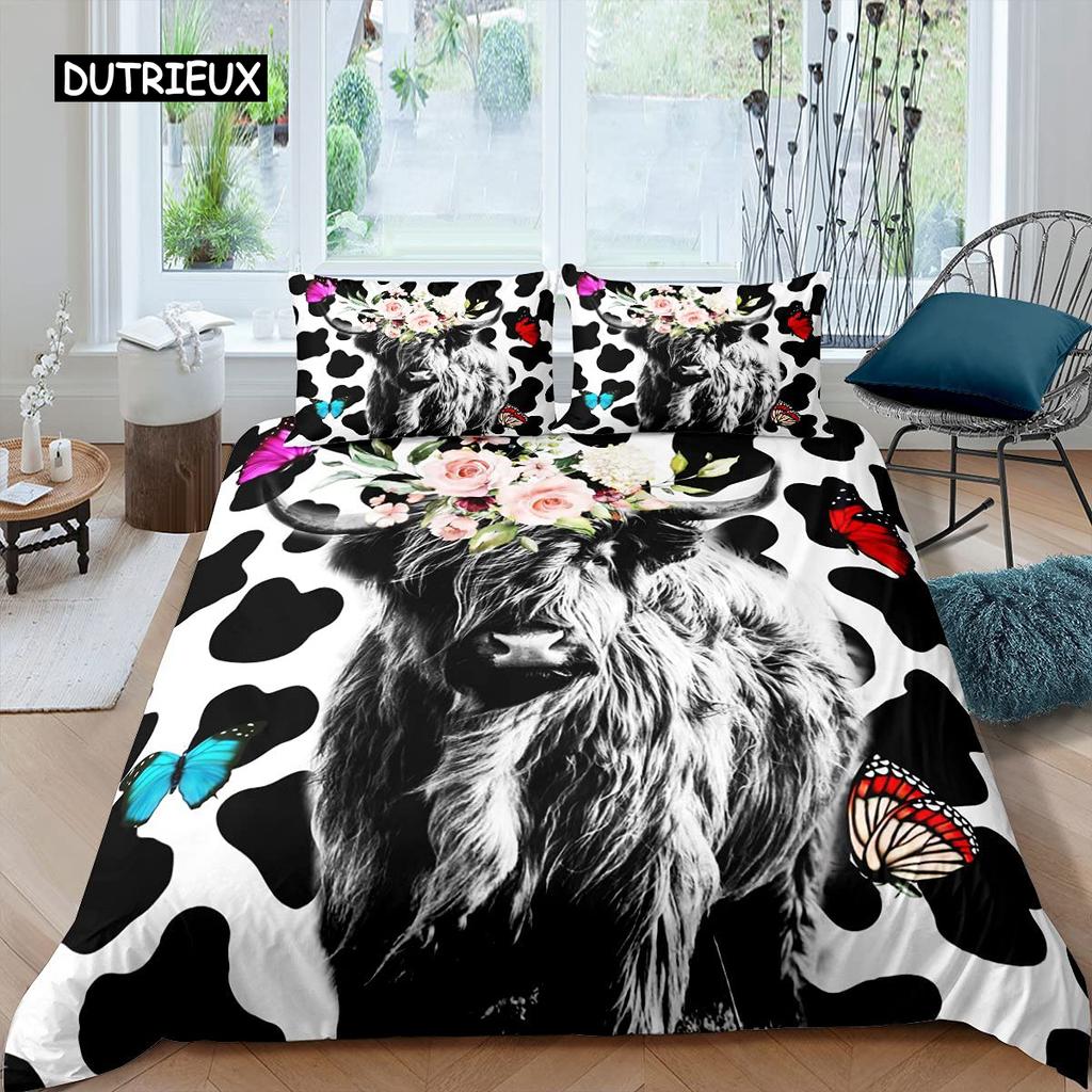 Highland Cow Duvet Cover King Sunflower Black Cattle Bedding Set Microfiber Farm Animal Cow Western Farmhouse Cattle Quilt Cover