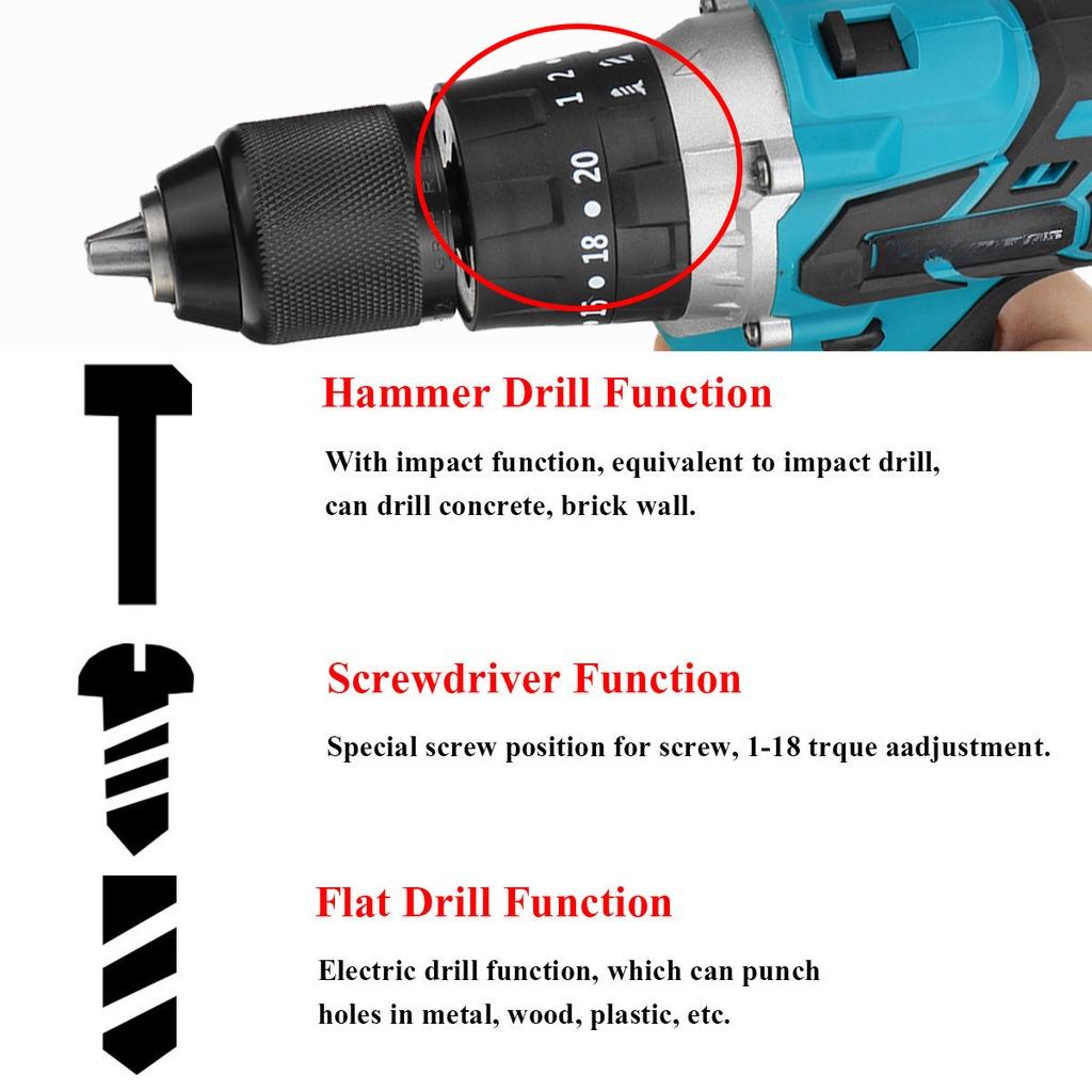 3 In 1 288V Brushless Electric Drill Screwdriver 20+3 Torque Variable Speed Cordless Hammer Impact Drill for 18V Battery