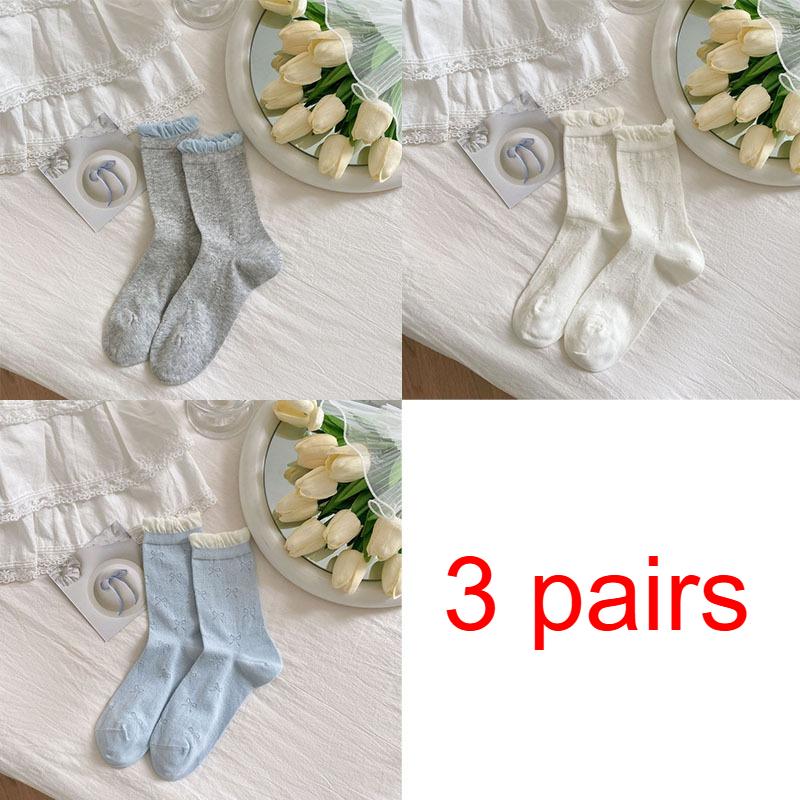 3 Pairs Spring/Summer Women's Thin Hollow-Out Mid-Calf Socks Ballet Bubble Tongue Lace Socks for Girls Women