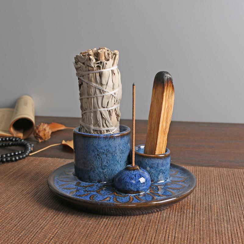 Palo Santo Holder Ceramic Incense Burner Tray Navy Blue Home Decoration for Sage Incense Sticks