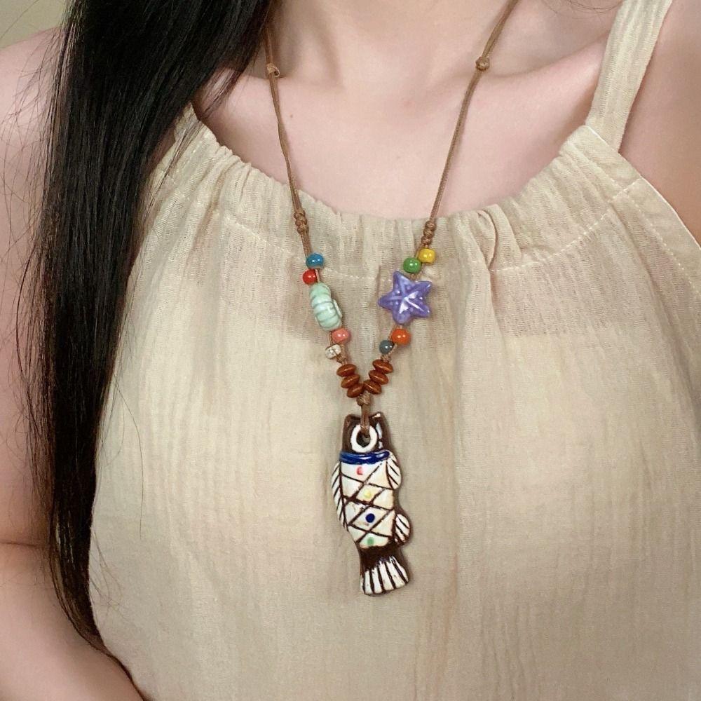 Tassel Ceramic Fish Necklace Vintage Long Sweater Chain Exquisite Ethnic Style Necklace  Women