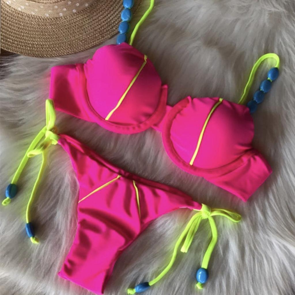 Women's Fashion Summer New Solid Color Tie Beach Sexy Split Two Piece Set Bikini Swimsuit