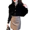 Women's Chic Black Velvet Puff Sleeve Top - Retro Court Style, Designer, Plus Velvet, Perfect for Autumn/Winter