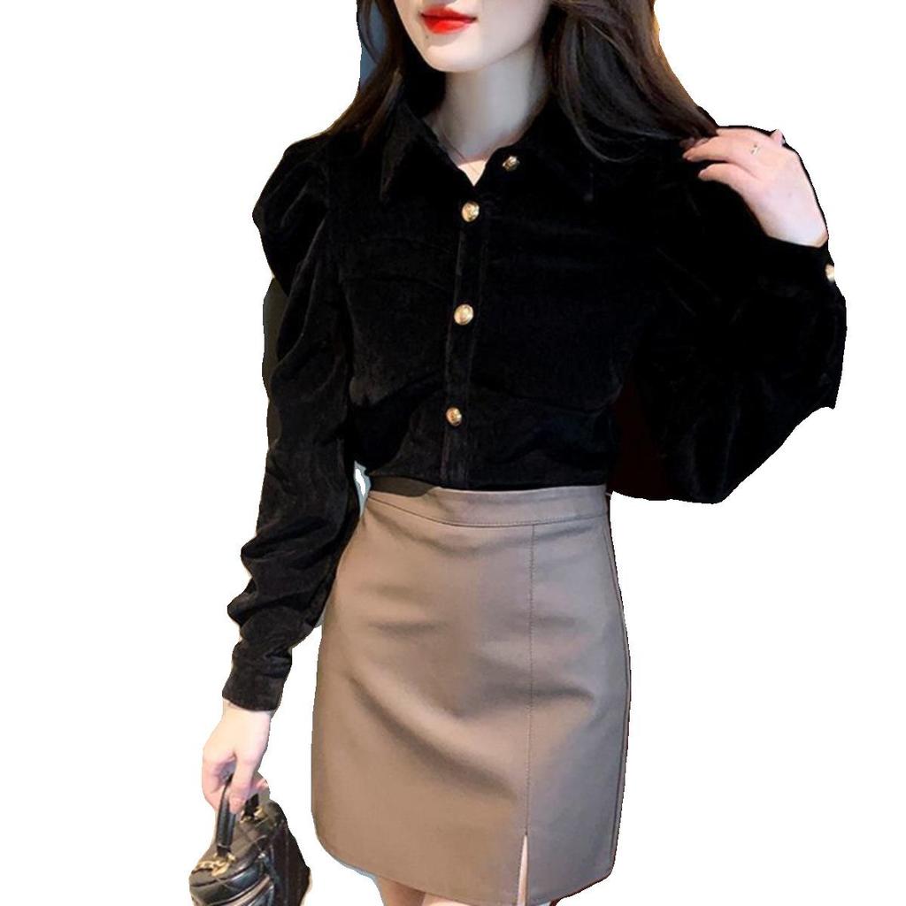 Women's Chic Black Velvet Puff Sleeve Top - Retro Court Style, Designer, Plus Velvet, Perfect for Autumn/Winter