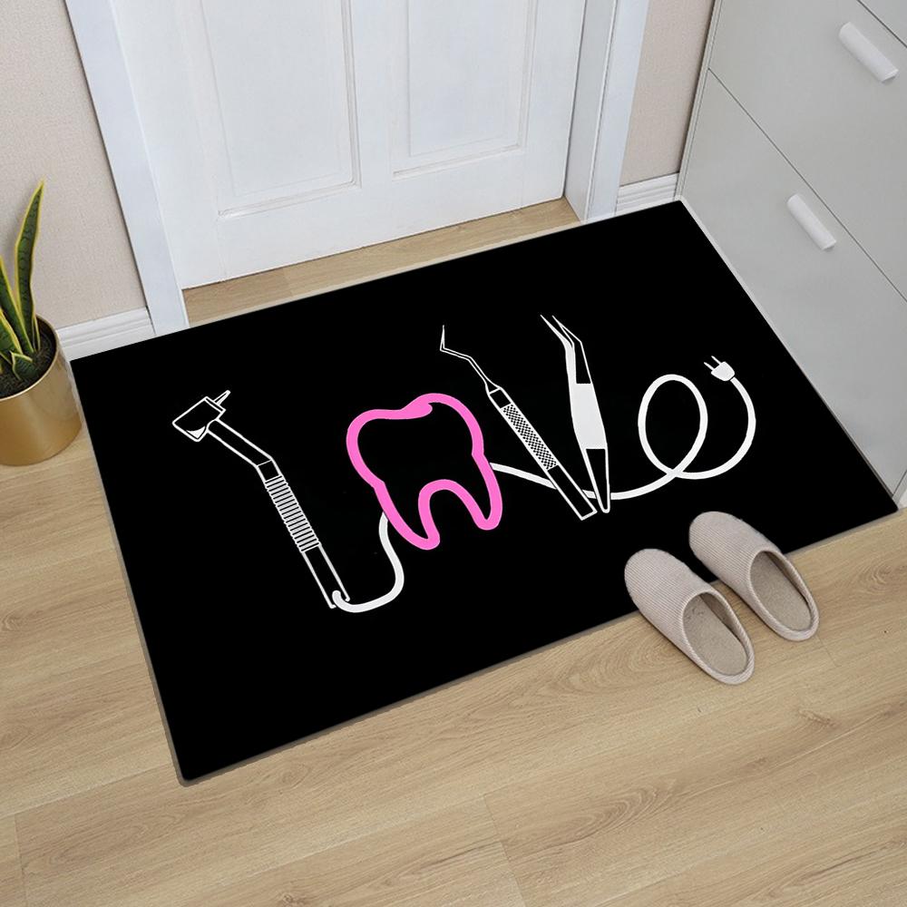 Pink Tooth Dental Instrument Love Door Mat Light Weight Anti Slip Entry Rug Suit Dental Office Bedroom Kitchen Indoor Decor