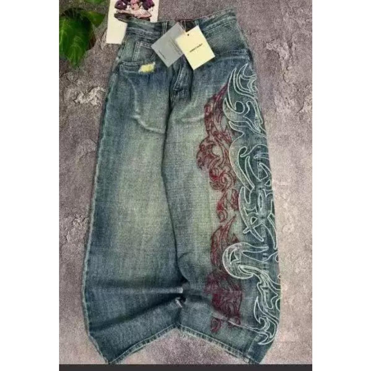 FlowStreet Y2K Ретро Американские Свободные Джинсы Женские В Пятнышко Принт с Тотемами Свободные Брюки Мода Хип-Хоп Тренд Пара Американские Прямые Брюки S