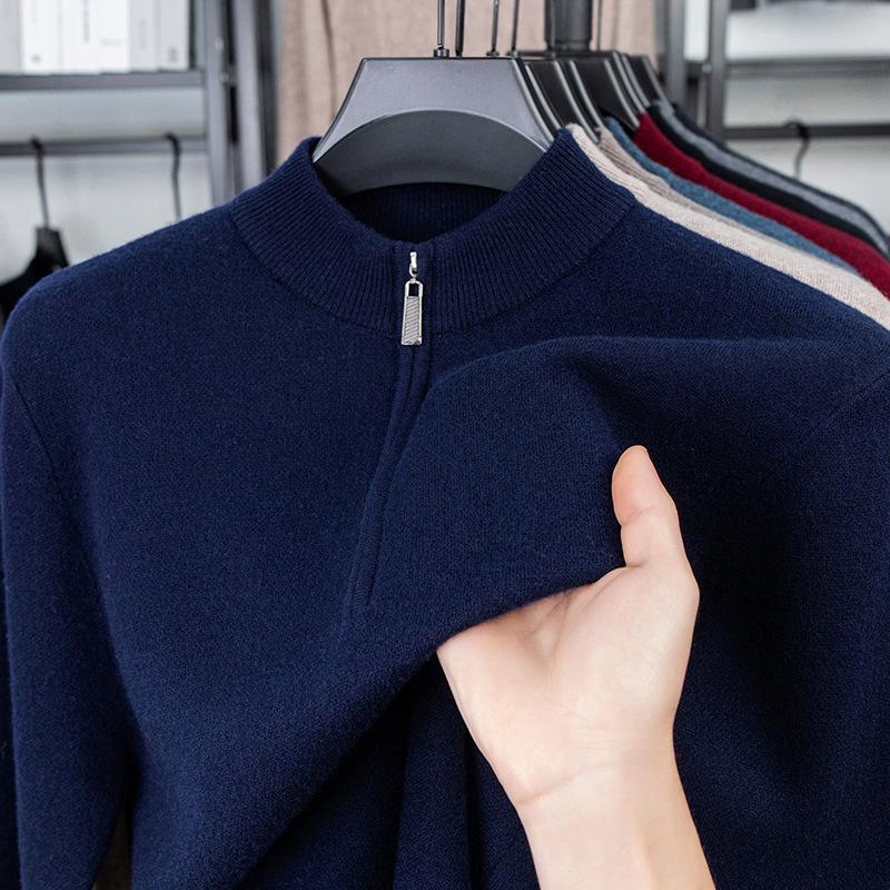 Solid Color 100 Wool Thickened Warm Half Zip Half Turtleneck Pullover Knit Sweater For Men