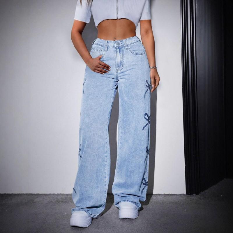 Casual All-matching Hot Print Ins Washed High Waist Butterfly Design Jeans