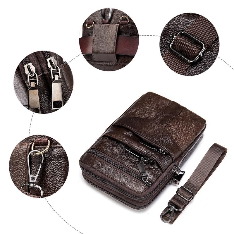 Heren Echte Lederen Crossbody Sling Tas, Compacte Schoudertas met Dubbele Rits en Meerdere Vakken voor Telefoon, Portemonnee, Reisbenodigdheden