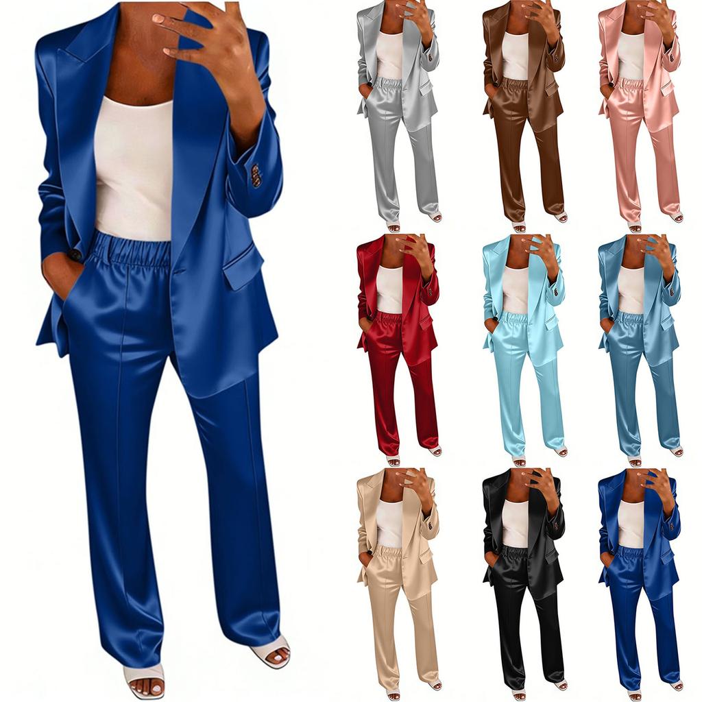Damen Satin- und Hosen-Set - Langärmelige Reversjacke mit elastischer Taille Stoffhose für Business Casual