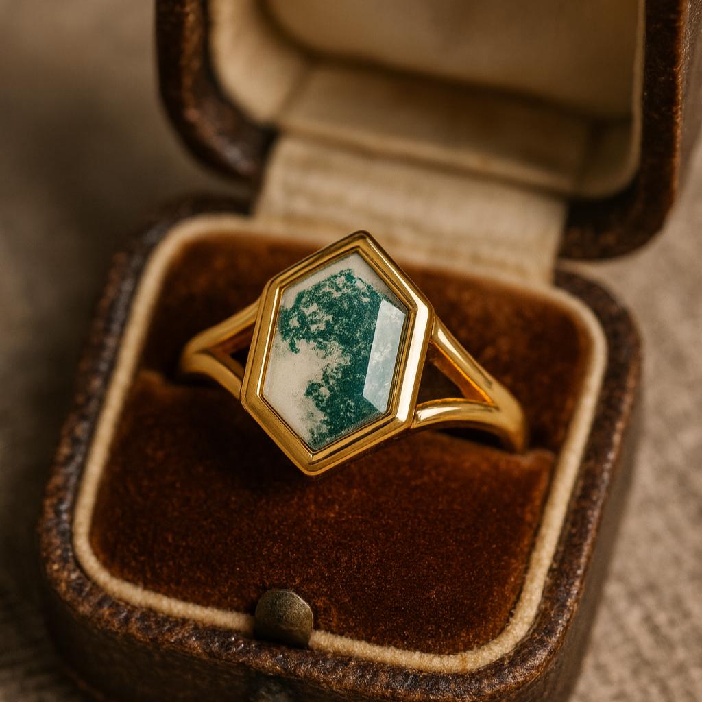 Wedding Engagement Anniversary Promise Gift – Vintage Hexagon Cut Moss Agate Ring, Yellow Gold Plated Bezel Setting Bridal Jewelry for Women