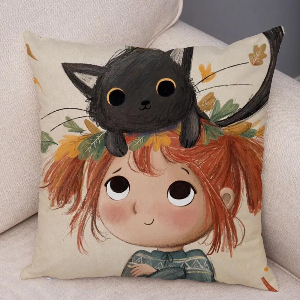 Față de pernă decorativă Artă Lume de basm colorată, Minunată față de pernă cu fetiță de desene animate, pentru canapea, casă, față de pernă super moale de pluș