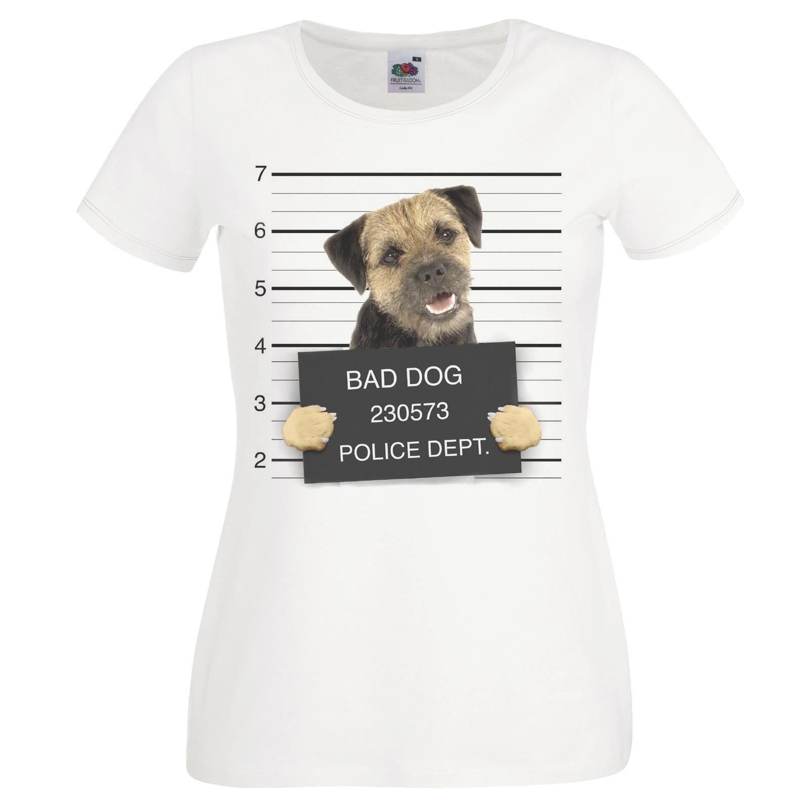 Ladies White Dog Mugshot Scruffy Boarder Terrier Criminal Canine TShirt S