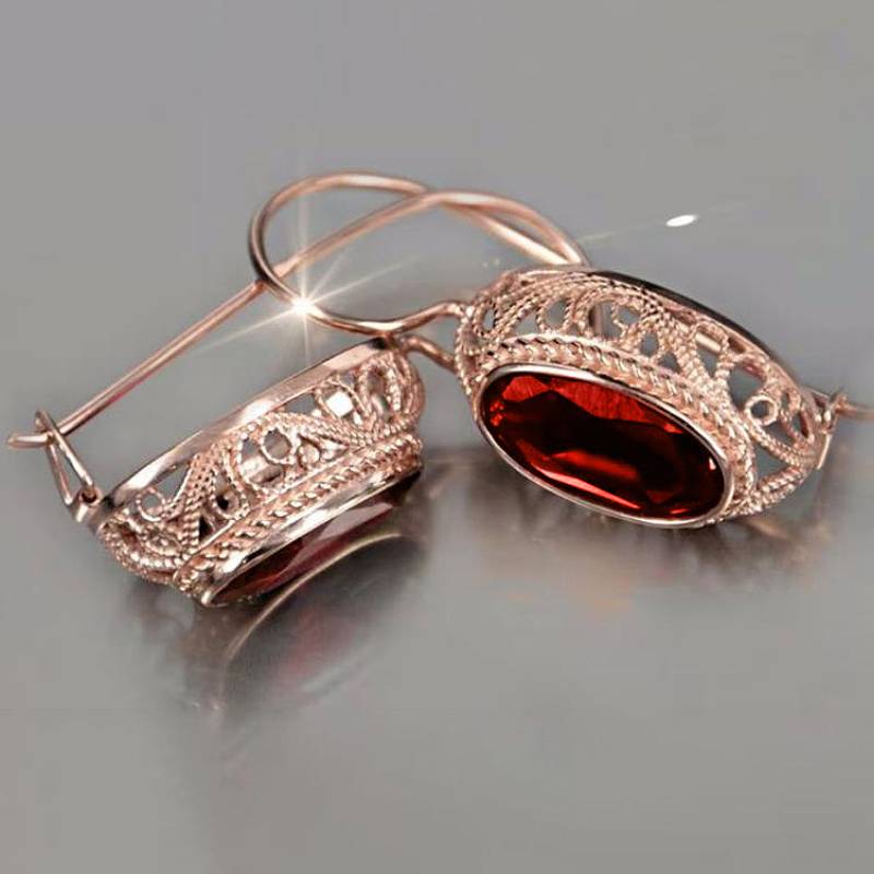 

Huitan Hollow Design Drop Earrings for Women Inlaid Bright Oval Red/Blue CZ Vintage Accessories Chic Zircon for Party Wedding