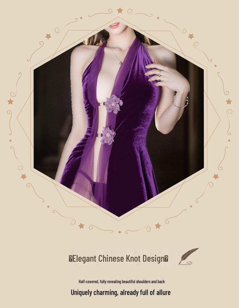 Fairy Purple Velvet Cheongsam Lingerie Set - Tempting, See-Through, Removable Small Chest Pajamas