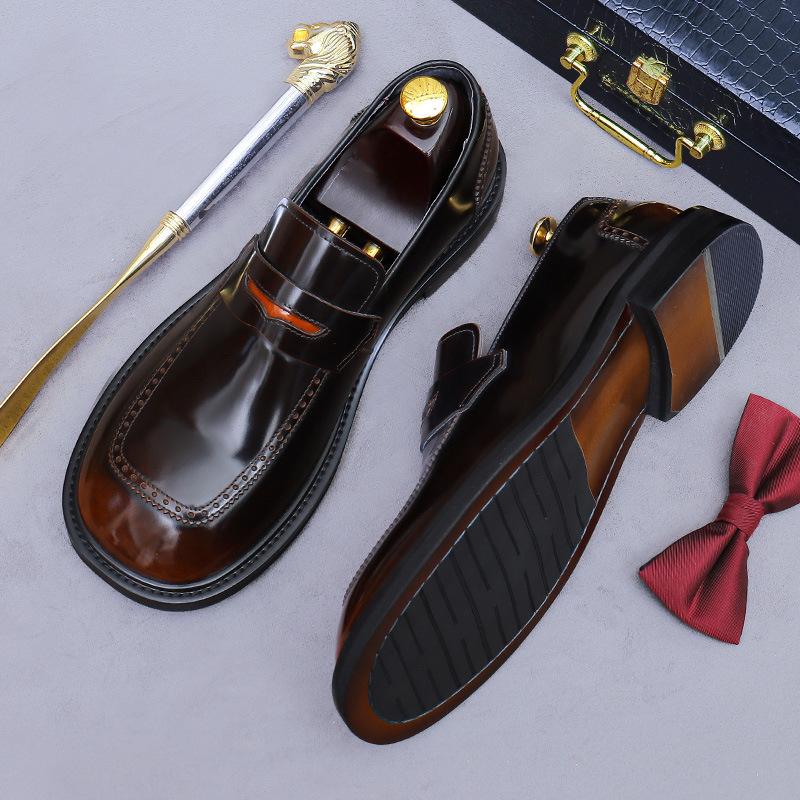 Big Head Leather Shoes Leather Foot Cover Lacquer Surface First Layer Cowhide Round Head Casual Leather Shoes Men's Casual