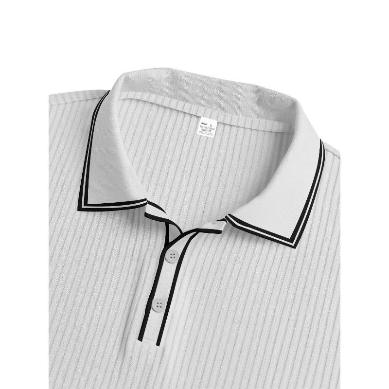 Mens Long Sleeve Striped Polo Shirt Loose Breathable Business Casual