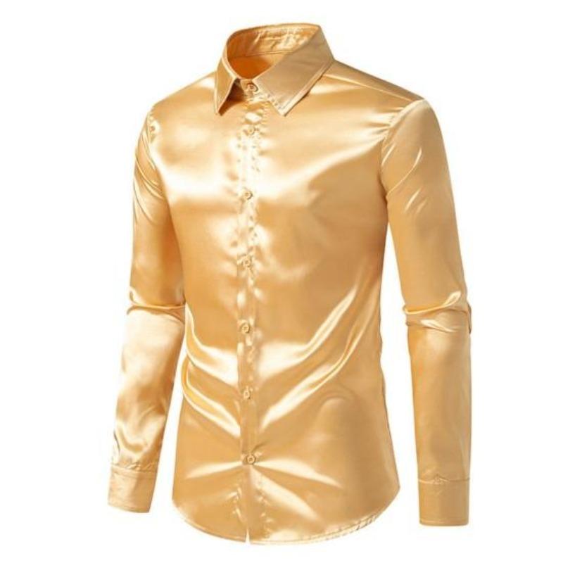 Męska jedwabna satynowa koszula z długim rękawem Casual Slim Fit koszula stylowa jednokolorowa koszula z klapami zapinana na guziki biznesowe koszule wizytowe