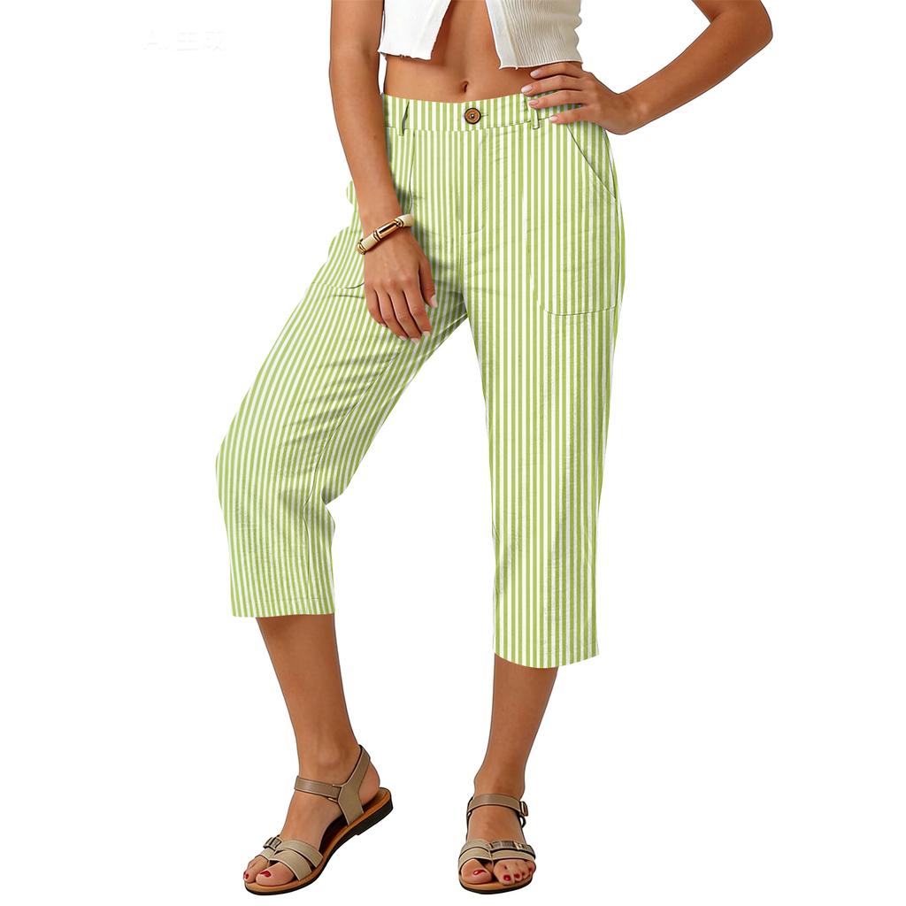 Pantaloni Corti da Donna a Righe Verticali Vita Alta Gamba Larga con Chiusura a Bottone e Tasche Laterali per l'Uso Quotidiano