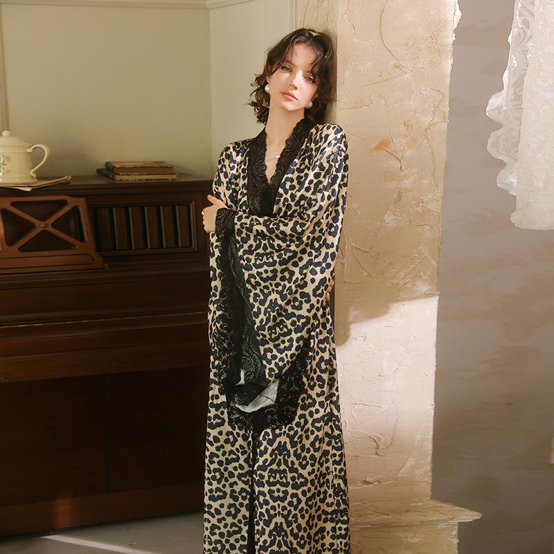 Leopard Print Lace Patchwork Robe with Flare Sleeves - Women's Tie-Up Bathrobe, Sexy Homewear